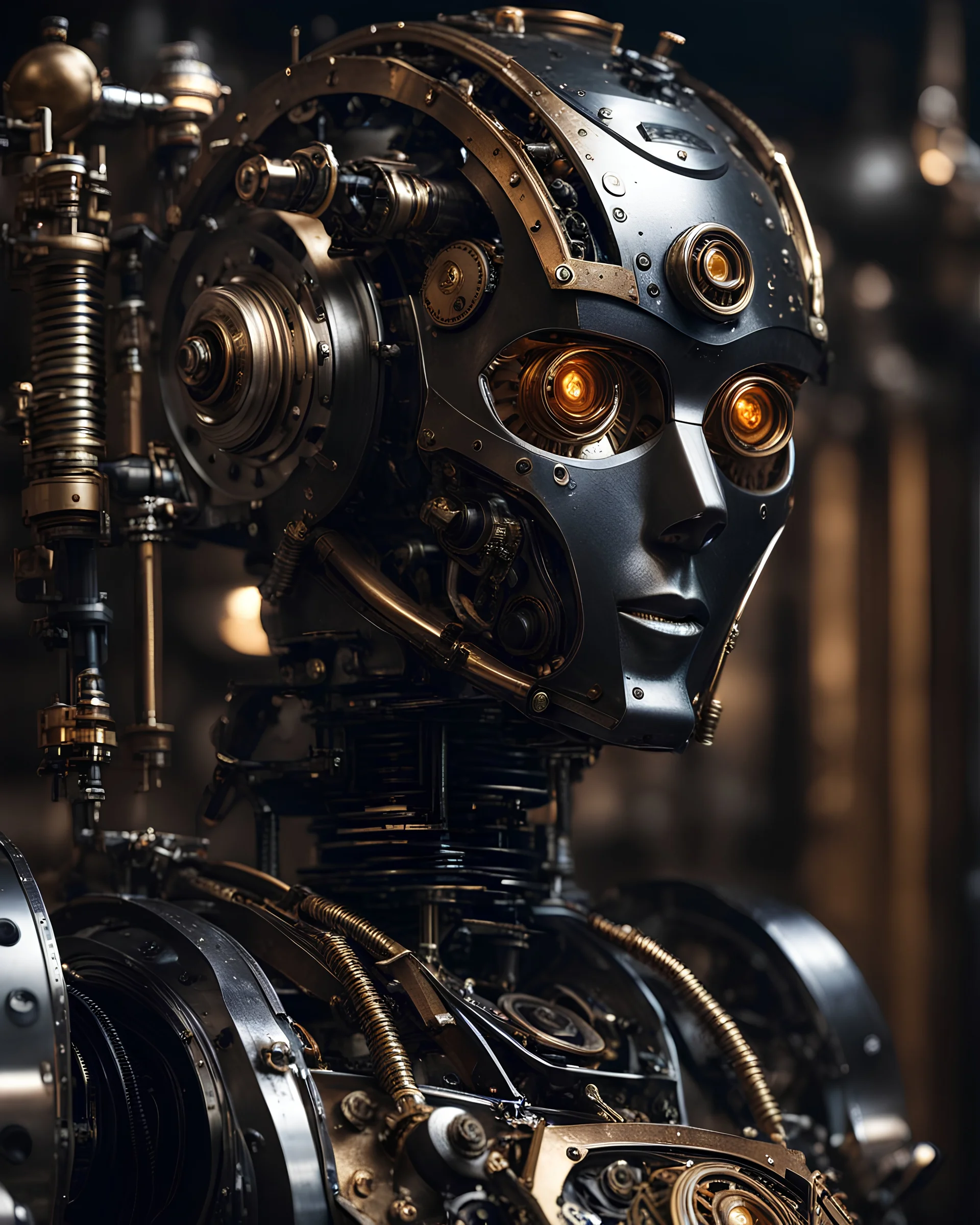 Mechanism classic robot,hyperrealism, masterpiece, expert, 8K, dramatic lighting, sharp focus, dark, black, steampunk