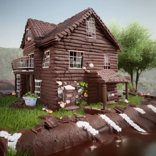 House cake chocolate waterfall made of chocolate is flowing, unreal engine