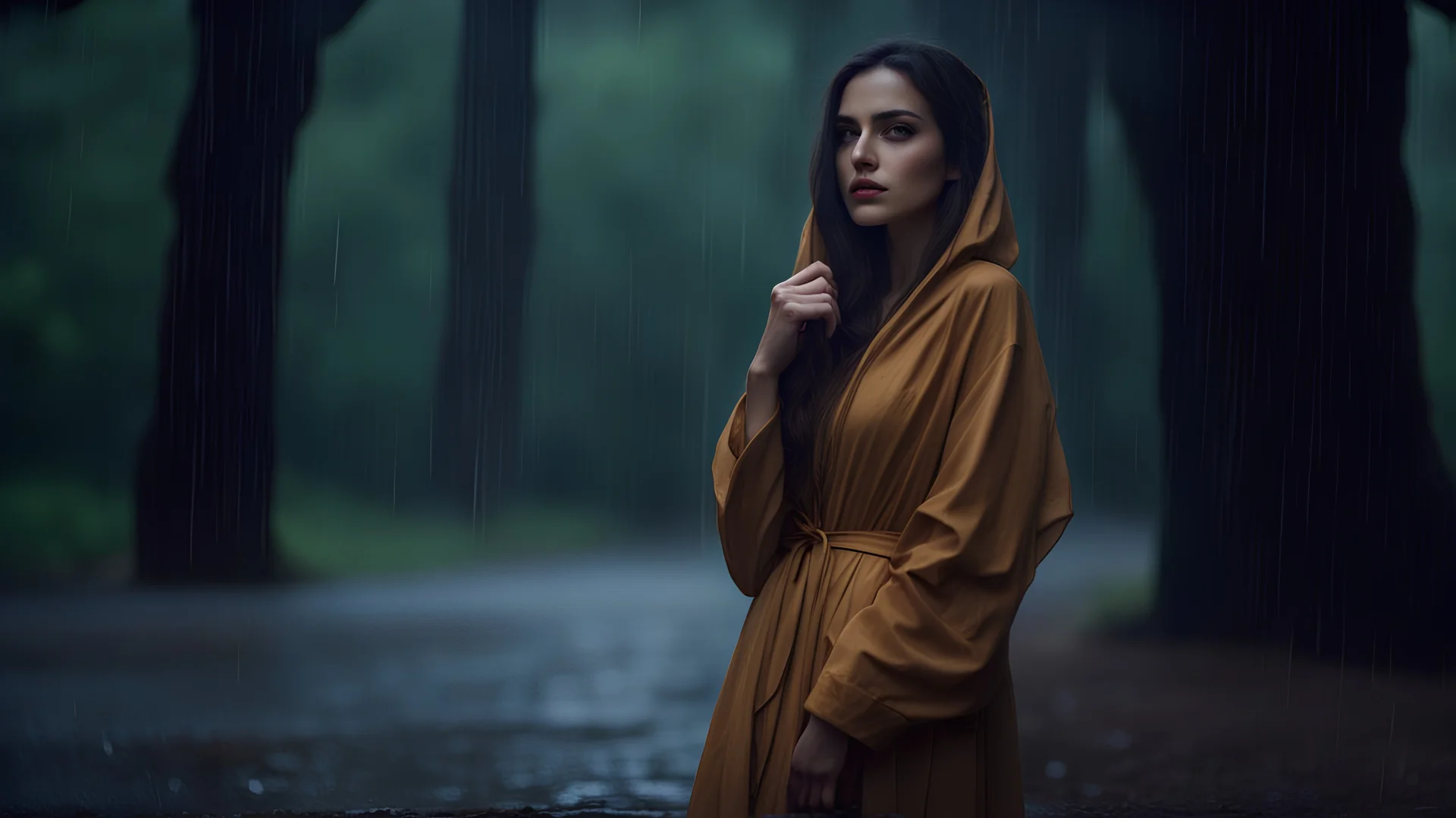 The Iranian beauty, women standing in the rain, curvy figure, romantic mood, expressions, deep forest temple background, Shot on a Hasselblad high format camera with a 100mm lens. Unmistakable to a photograph. Cinematic lighting. 4k, 8k, 16k, full ultra hd, high resolution and cinematic photography --ar 3:2 --v 5 --upbeta --v 5 --Screen Space Reflections --Diffraction Grading --Chromatic Aberration --GB Displacement --Scan Lines --Ambient Occlusion --Anti-Aliasing FKAA --TXAA --RTX --SSAO