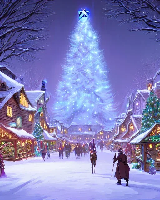 A magical snowy warlock Christmas market with a large Christmas tree