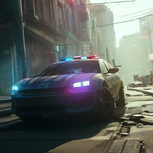 Cyberpunk,police car at night unreal engine 5, octane render,cinema4d, dynamic lighting, 8k, redshift render, highly, hyperrealism ultra realistic, hyper realistic.