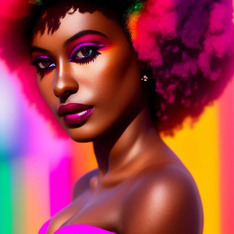 full body shot, masterpiece, best quality, woman, dark skinned, sparkling eyes, fluorescent skin, colorful makeup, afro, highly detailed body, sun light, 4K, RAW, depth of field, high contrast, realistic details, 24mm