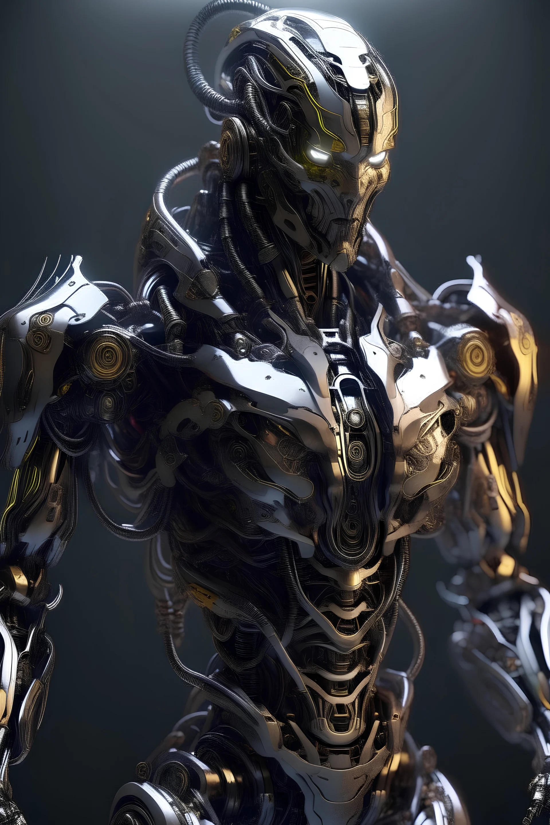 A length image ,full body hyper-detailed front view of a Cyber-man mech in transformative style, his metallic skin gleaming with intricate textures and intricate details, captured in an ultra-realistic style that blurs the lines between reality and imagination.