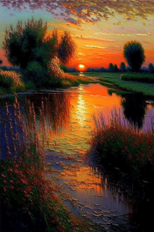 Landscape oil painting, detailed Claude Monet, detailed, sunset