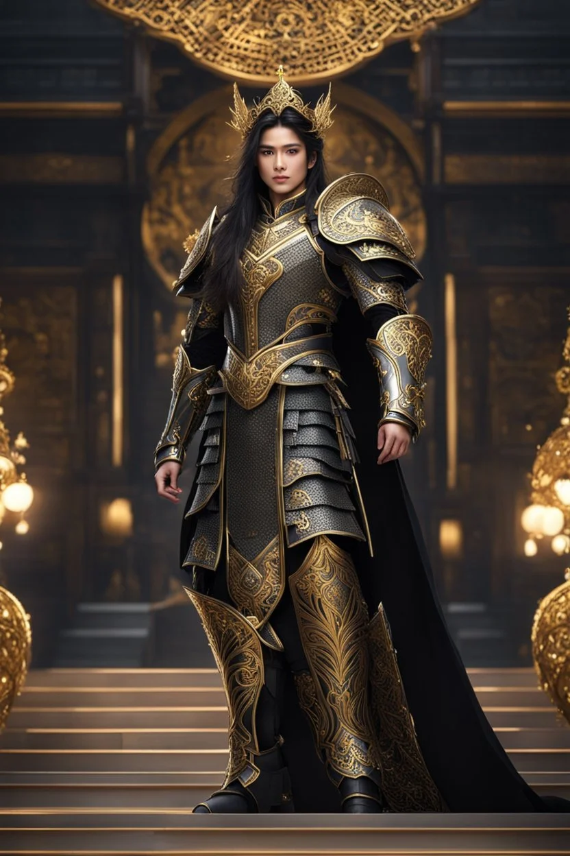 Realistic photography,front_view, (1King, looking at viewer), black long hair,traditional dress ornaments mechanical_armor, intricate armor, delicate golden filigree, intricate filigree, black metalic parts, detailed part, dynamic pose, abstrac background, dynamic lighting