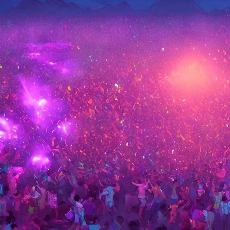 GIANT DANCE PARTY, FESTIVAL IN THE MOUNTAINS, MUSIC FESTIVAL, CROWD, cinematic lighting, 4k, 8k, octane render, digital concept art, extremely detailed, ambient lighting, PINK