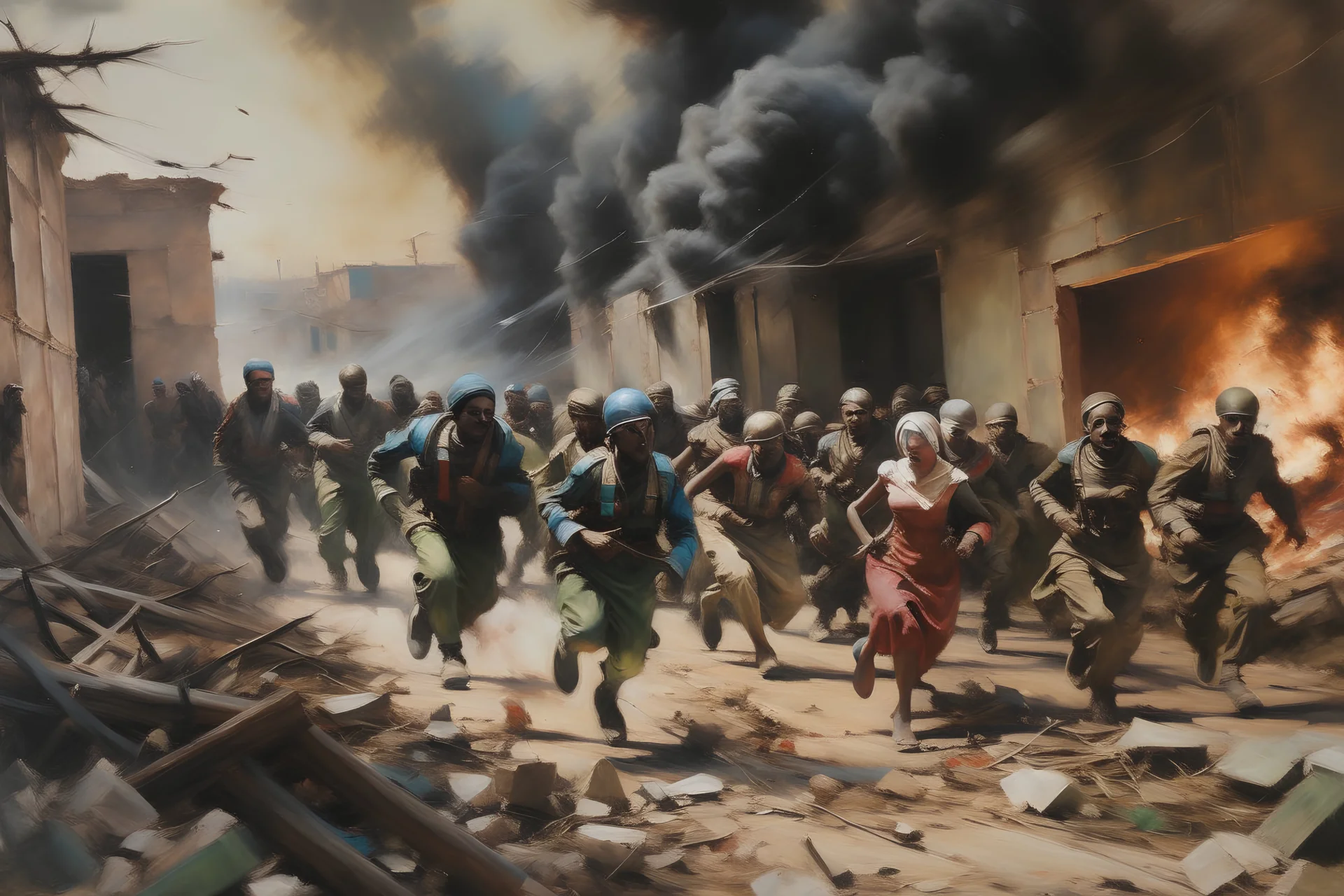 A painting of People escaping a warzone.