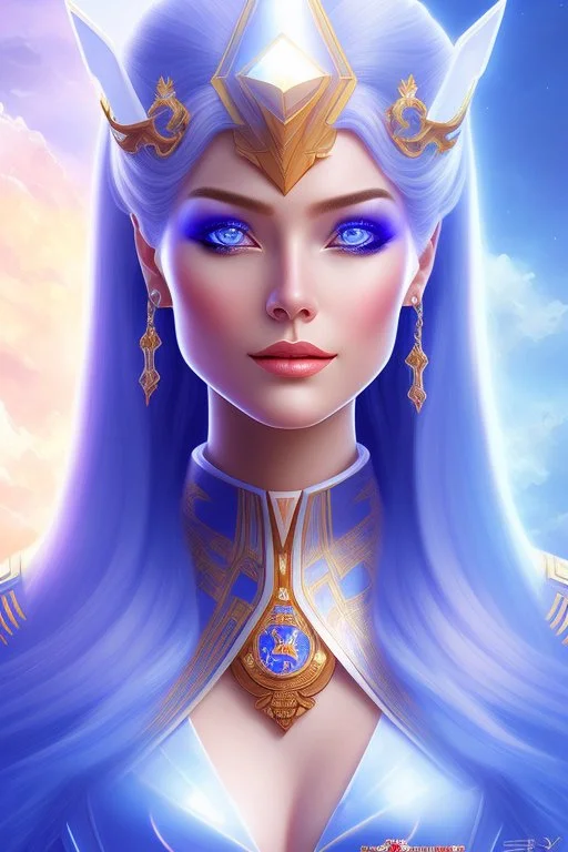 young cosmic woman admiral from the future, one fine whole face, large cosmic forehead, crystalline skin, expressive blue eyes, blue hair, smiling lips, very nice smile, costume