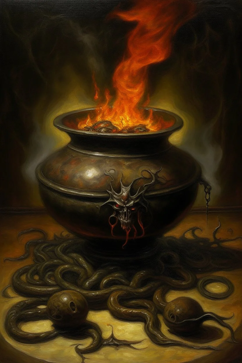 Living cauldron, slightly demonic, prize winning oil painting