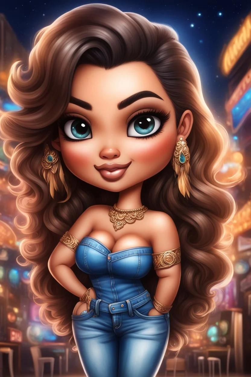 create an airbrush illustration of a chibi cartoon curvy polynesian female wearing Tight blue jeans and a peach off the shoulder blouse. Prominent make up with long lashes and hazel eyes. She is wearing brown feather earrings. Highly detailed long black shiny wavy hair that's flowing to the side. Background of a night club.