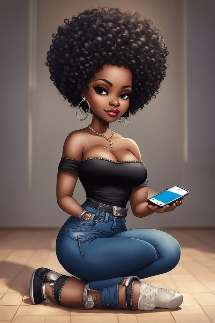 Create a furturism magna art of a black chibi curvy female sitting on the floor looking at her cell phone. She is wearing tight blue jeans and a black off the shoulder blouse. Prominent make up with lush lashes. Highly detailed tight curly afro. She is also wearing silver large hoop earringsart of a black chibi curvy female sitting on the floor looking at her cell phone. She is wearing tight blue jeans and a black off the shoulder blouse. Prominent make up with lush lashes.