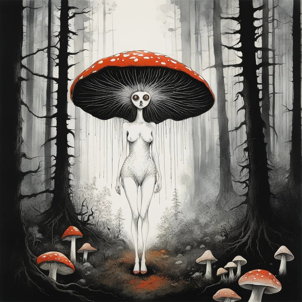 [art by Ralph Steadman] In the heart of a dark and spooky forest, a woman with big eyes, her head enclosed in a giant mushroom cap, stands trembling. She is clad in a full-body mushroom symbiote suit made of white mycelium, blending seamlessly with the eerie surroundings. Surrounding her are several giant mushrooms, their shapes resembling women, casting long, haunting shadows in the dim light of the forest. The woman's eyes dart nervously from one mushroom figure to another, their silent presen