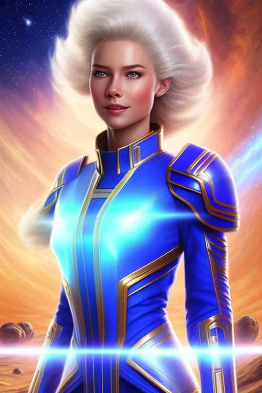 young cosmic woman admiral from the future, one fine whole face, large cosmic forehead, crystalline skin, expressive blue eyes, blue hair, smiling lips, very nice smile, costume pleiadian,rainbow ufo Beautiful tall woman pleiadian Galactic commander, ship, perfect datailed golden galactic suit, high rank, long blond hair, hand whit five perfect detailed finger, amazing big blue eyes, smilling mouth, high drfinition lips, cosmic happiness, bright colors, blue, pink, gold, jewels, realistic, real