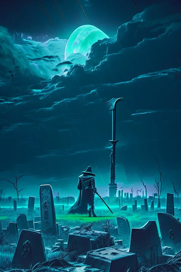 An image of a desolate graveyard under a brooding sky, a lone grave digger with a shovel, surrounded by abstract, futuristic elements. The open grave is filled with crisp, high-resolution stacks of money, conveying a sense of isolation and melancholy.