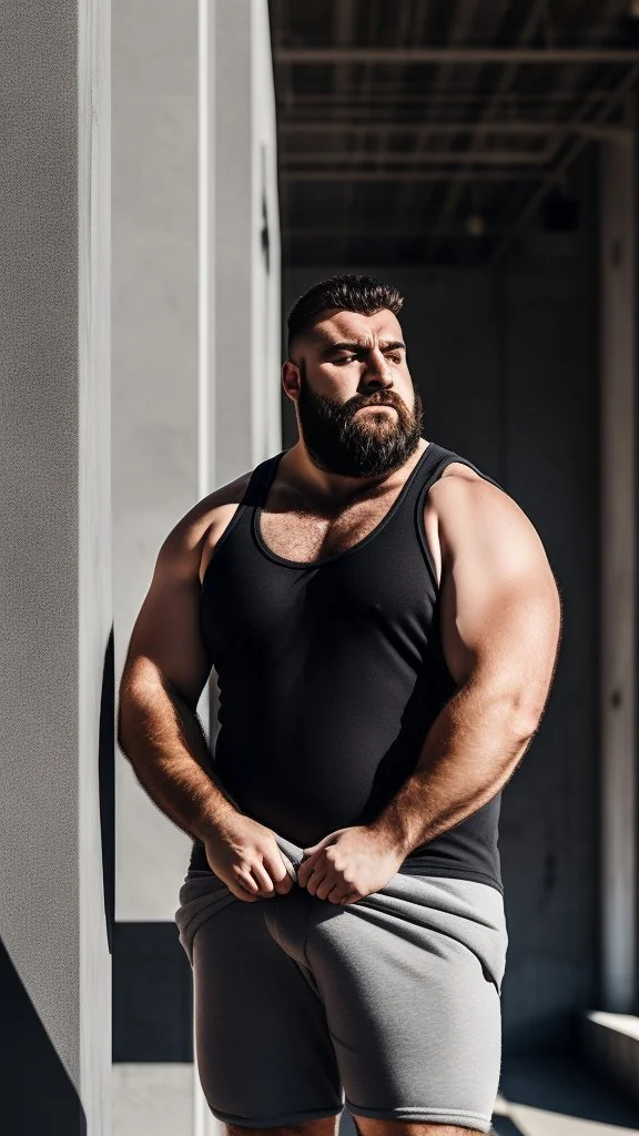 full figure photography of one strong chubby stocky italian man, 22 years old, in tank top and grey boxer, bulge, short beard, manly hairy, bullneck, with backpack, near a modern building, relaxed eyes, crossed arms, hyper-realistic, photographic, natural colours, 8K, three quarter view