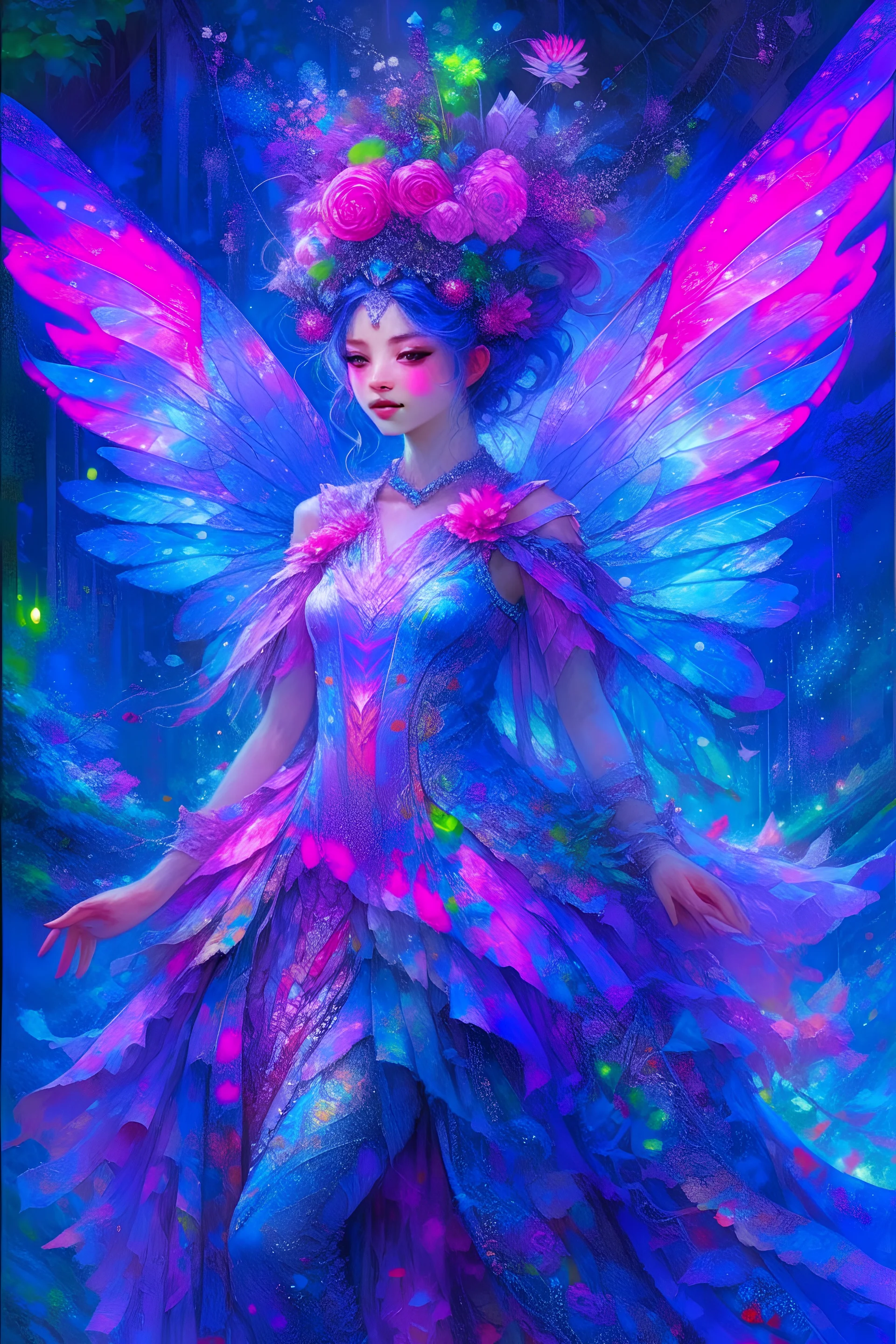 a Fairy dress pink purle blue pastel flower neon wing_gears style Awwchang and style James Christensen and CGSociety and style Carne Griffiths and Minjae Lee, fun background, style Lou Xaz