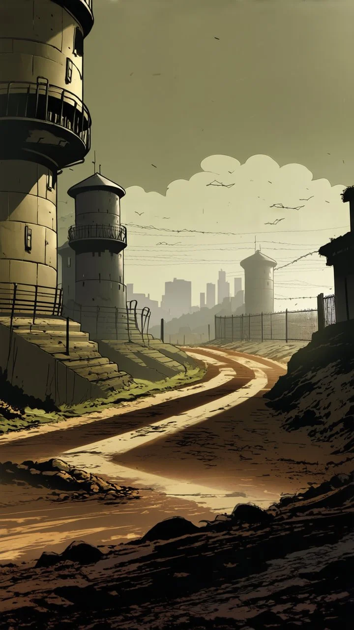 comic book style zombie apocalypse fortified bunker. Tall walls with military watchtowers, barbed wire fences. Post apocalyptic city setting. Road leading up to it. Night, rain