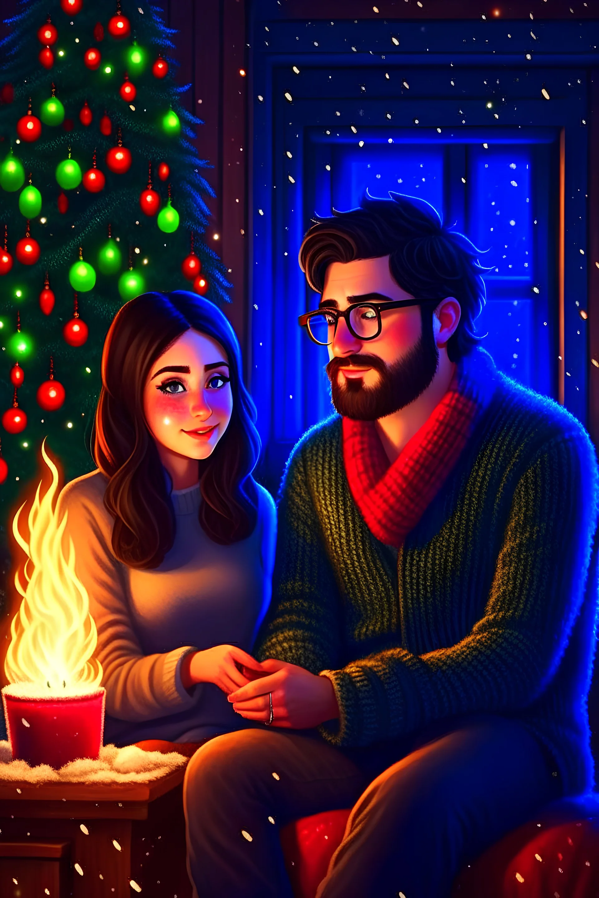 Fire place Christmas scene, dark haired couple, man with short black beard and glasses, woman with long hair, blue eyes, young couple, graphic