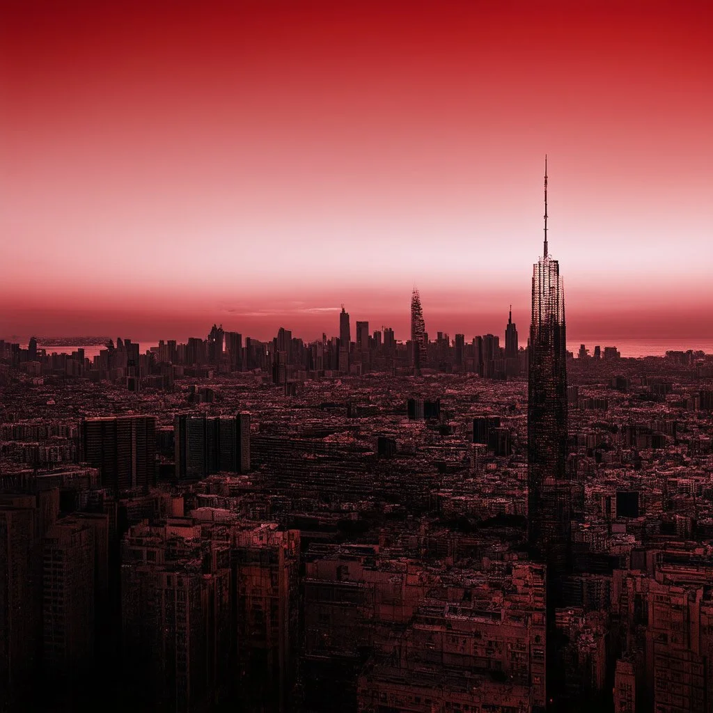 a dark city view, amidst an ambiance of red hues and romantic undertones.