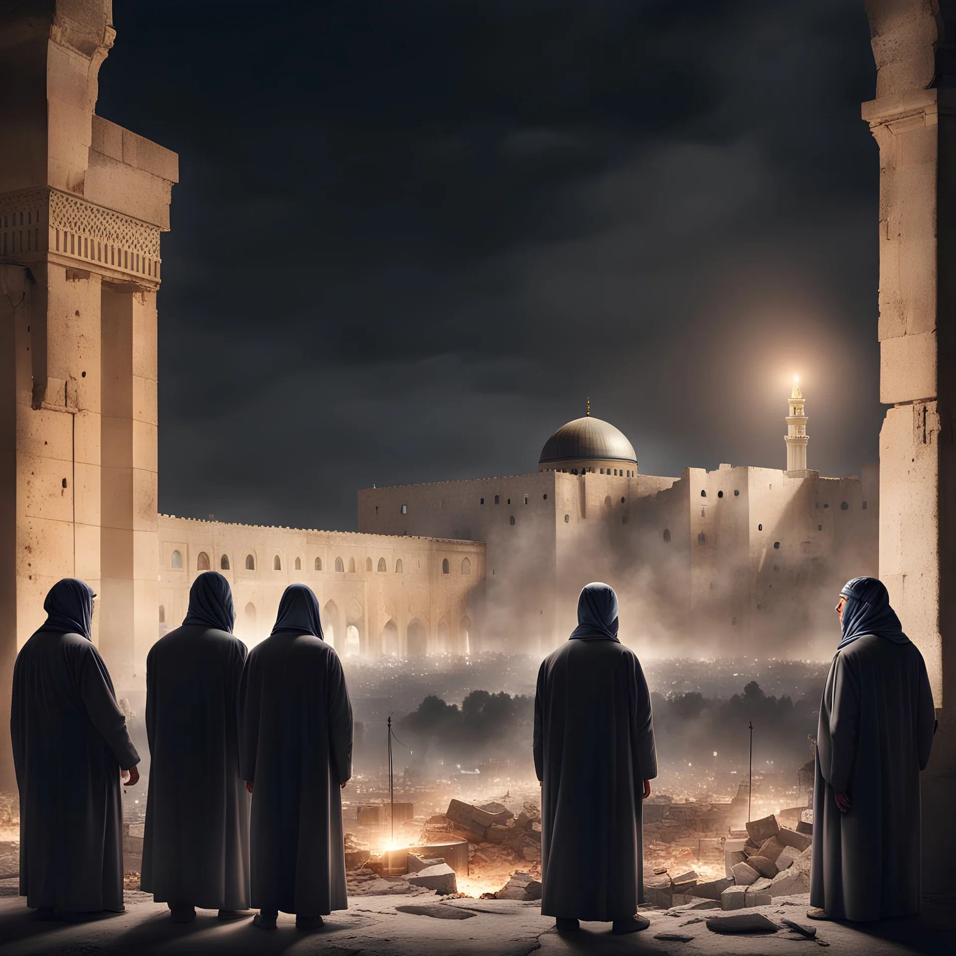 Hyper Realistic Arab leaders watching destroyed Al-Aqsa mosque at night