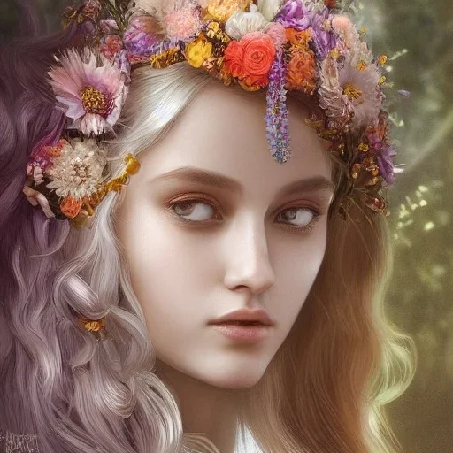 portrait,"Insanely detailed photograph of a beautiful nordic vestal priestess,gorgeous clean face, highly intricate dress,colorful flowers in hair,elegant, highly detailed hair, digital painting, artstation, concept art, smooth, sharp focus, illustration, art by artgerm and greg rutkowski and alphonse mucha, 8 k,looking downward