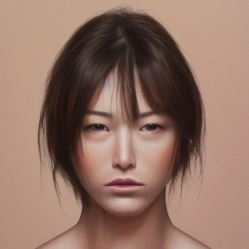  100 % modern conceptual art ,hyper realistic fine art portrait oil painting by Fumi Koike and Jen Mann and Kris Knight of a very beautiful 20 year old woman , front view centered symmetrical composed and cinematic side lighting hyper-realistic detailed shading and shadows, precise brushstrokes and subtle blended variations in skin color temperature, perfectly proportioned slim female body with beautiful symmetrical small breasts elegantly posed and unclothed undressed and uncovered with ver