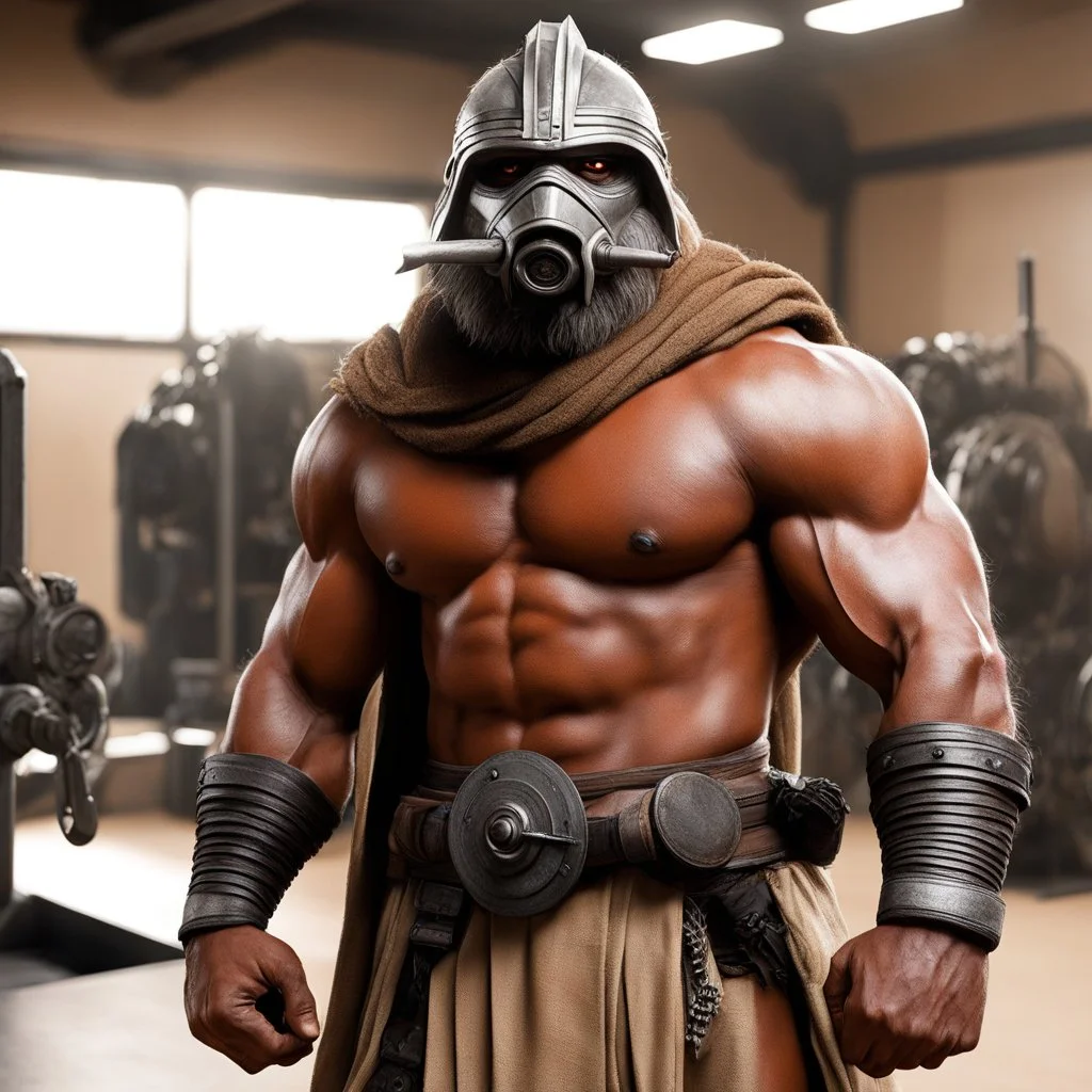 over muscular Tusken Raider with gigantic biceps with veins in the training room