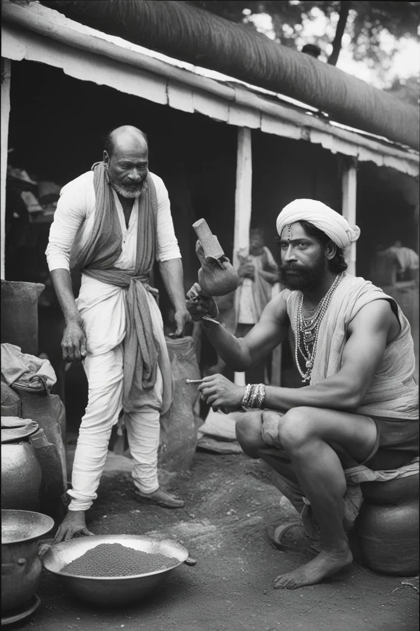 A Indian blacksmith seat on ground and work something with a Indian king standing in front of him and a bag of sandalwood on one side, the king pointing towards the Bag.