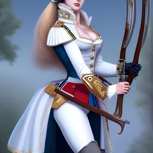 female line infantry, napoleonic, armed with musket, feminine corset, ankle boots, thighhigs miniskirt, hair in pigtails, wearing tricorn hat, opera mask