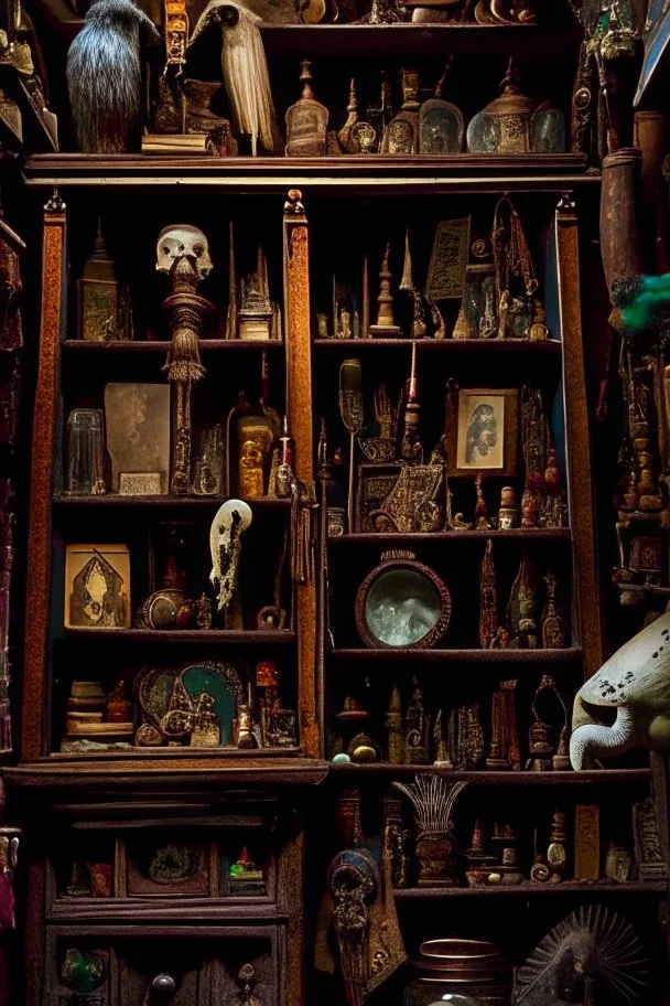 Within the cabinet of Curiosities , each shelf held a treasure trove of peculiar and enigmatic artifacts from distant lands and bygone eras .
