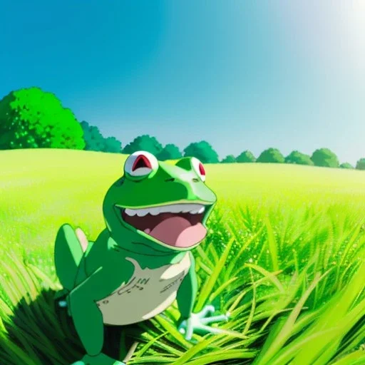 A green frog smiling with a big light blue hat on, wearing blue work overalls, skipping and dancing around in a field during a sunny day. Bokeh, fisheye.