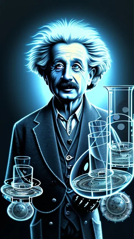 Albert Einstein, detailed and intricate calligraphy ink painting of a "cyborg Mad Scientist" holding beakers, outer space Background cosmic fractals, dystopian, concept art, unreal engine 5, god rays, ray tracing, RTX, lumen lighting, ultra detail, volumetric lighting, 3d, finely drawn, high definition, high resolution. award-winning: professional portrait: atmospheric: commanding: fantastical: clarity: 16k: ultra quality: striking: brilliance: stunning colors: amazing depth: masterfully crafted