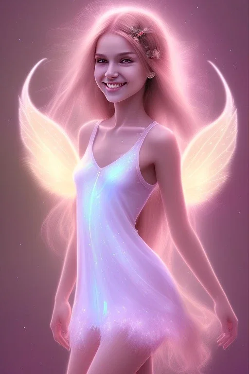 smiling girl, cute, beautiful, long hair, fairy wings, light pastel colors, bright, transparent dress, smile