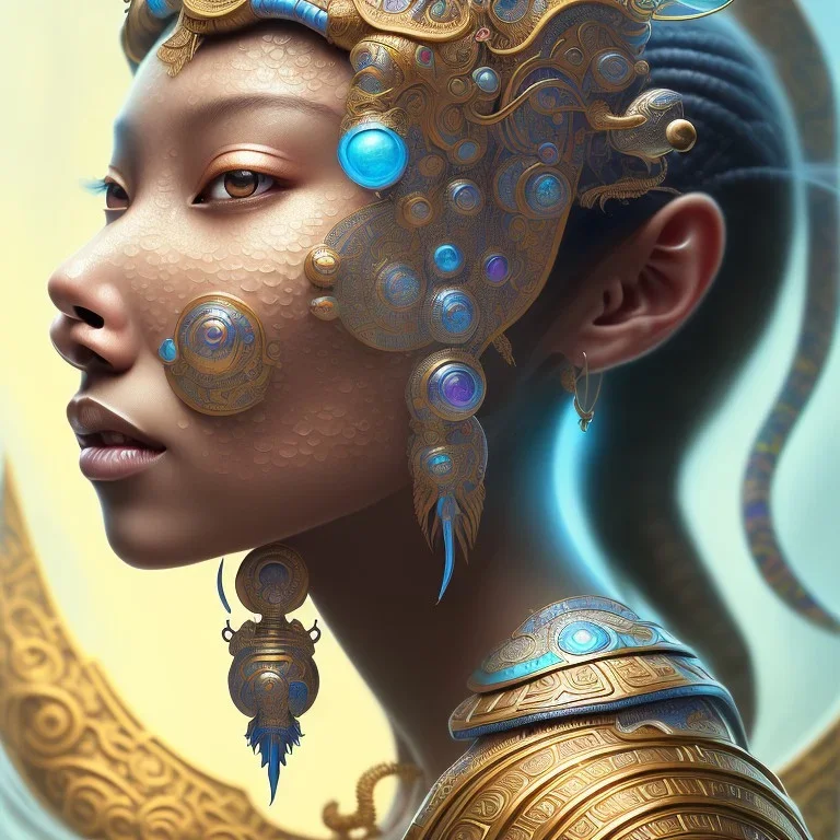 Sango fantasy, fantasy magic, intricate, sharp focus, illustration, highly detailed, digital painting, concept art, matte, art germ and Paul Lewin and Kehinde Wiley, masterpiece Aztec princess dancer head bronze feather's' Asian African girl nice breast Thai hair turquoise silver blue under water