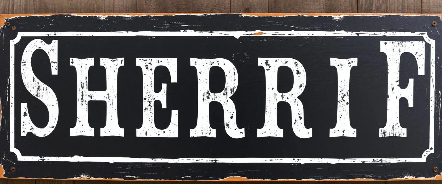 large and wide hand painted old western sign that reads: "SHERRIF" white on black with inset boarder stripe in white aged