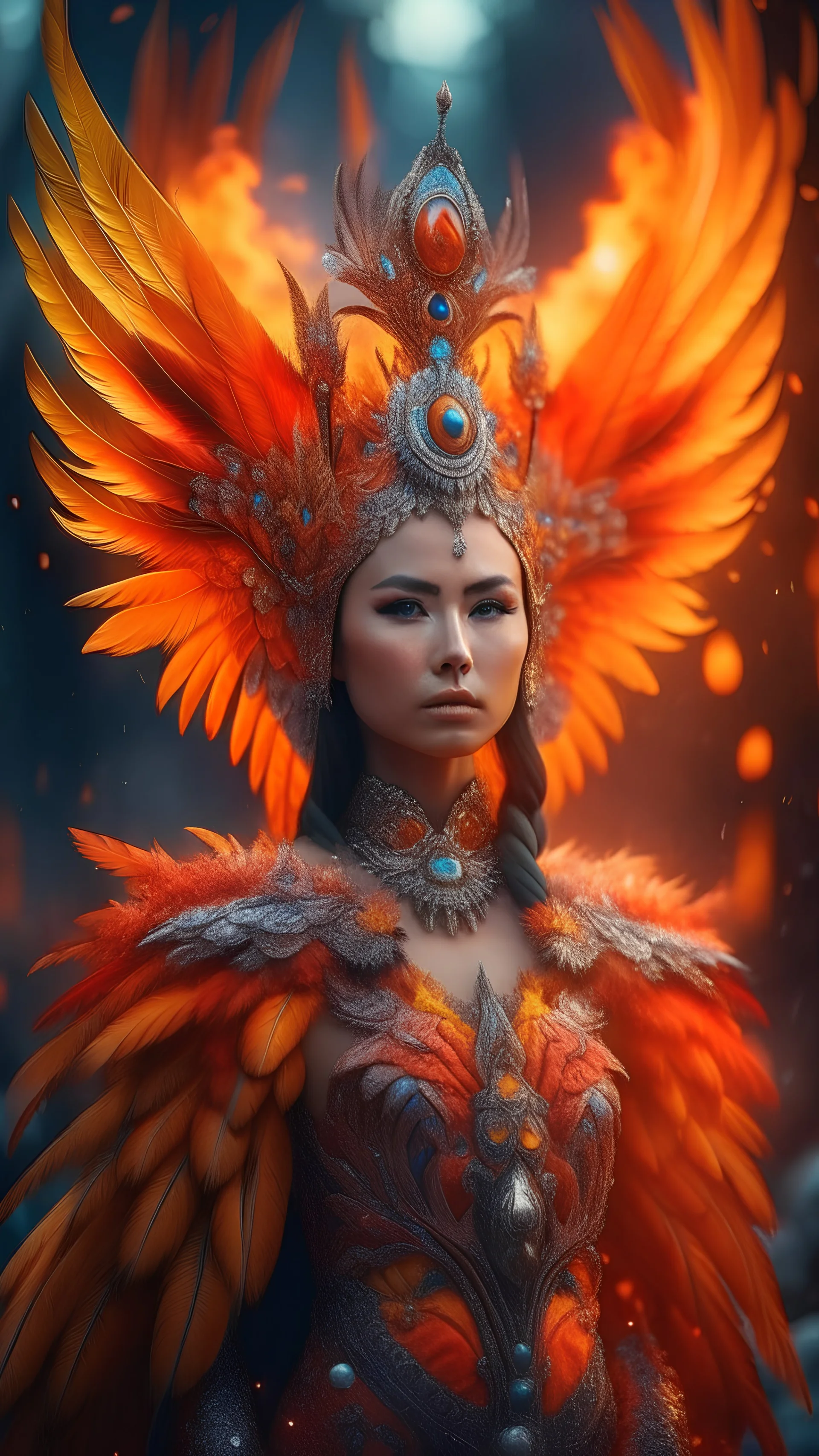 half body wide angle RAW photo, fire queen queen wearing luxurious and ornate clothing, fully covered, opals and floral embellishments, fractal wing texture, winter landscape in the background, beautiful women indonesia face, high detailed skin, phoenix, fire, 8k uhd, dslr, soft lighting, high quality, film grain