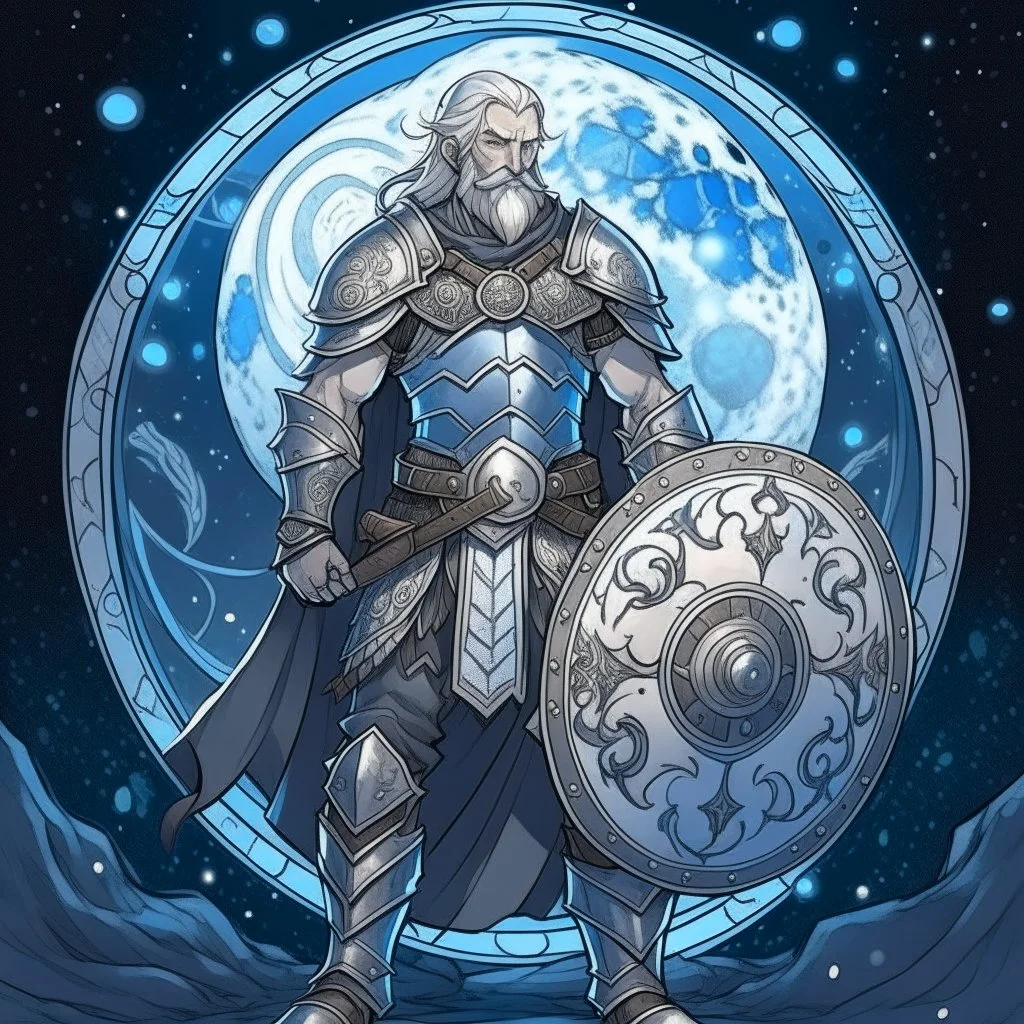 Please create an image for a 30-year old aasimar male with silver hair and a short, square beard and blue eyes. He is standing outside in the moonlight wearing plate armor and wielding a shield and a Thor-style hammer. His equipment is adorned in multiple places with crescent moons and stars