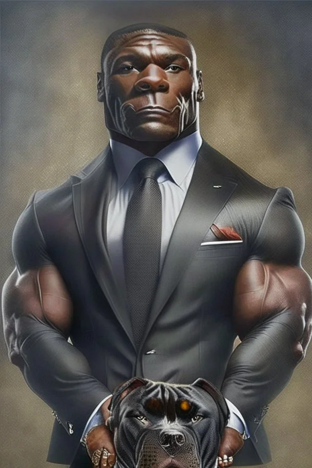 Bodybuilder Lee Haney with the face of a Rottweiler dog A dog's head instead of a person's head Only the player's body with a bulldog head on it He wears a luxurious black suit and holds a luxurious cigar The suit covers the body. In the mouth of the dog there is a luxurious cigar