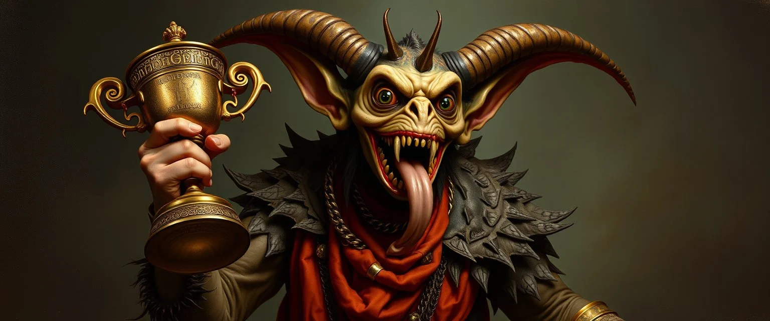 gremlin dark elf illithid eye tyrant beholder guy holding up the most retarded trophy, painted by Rembrandt