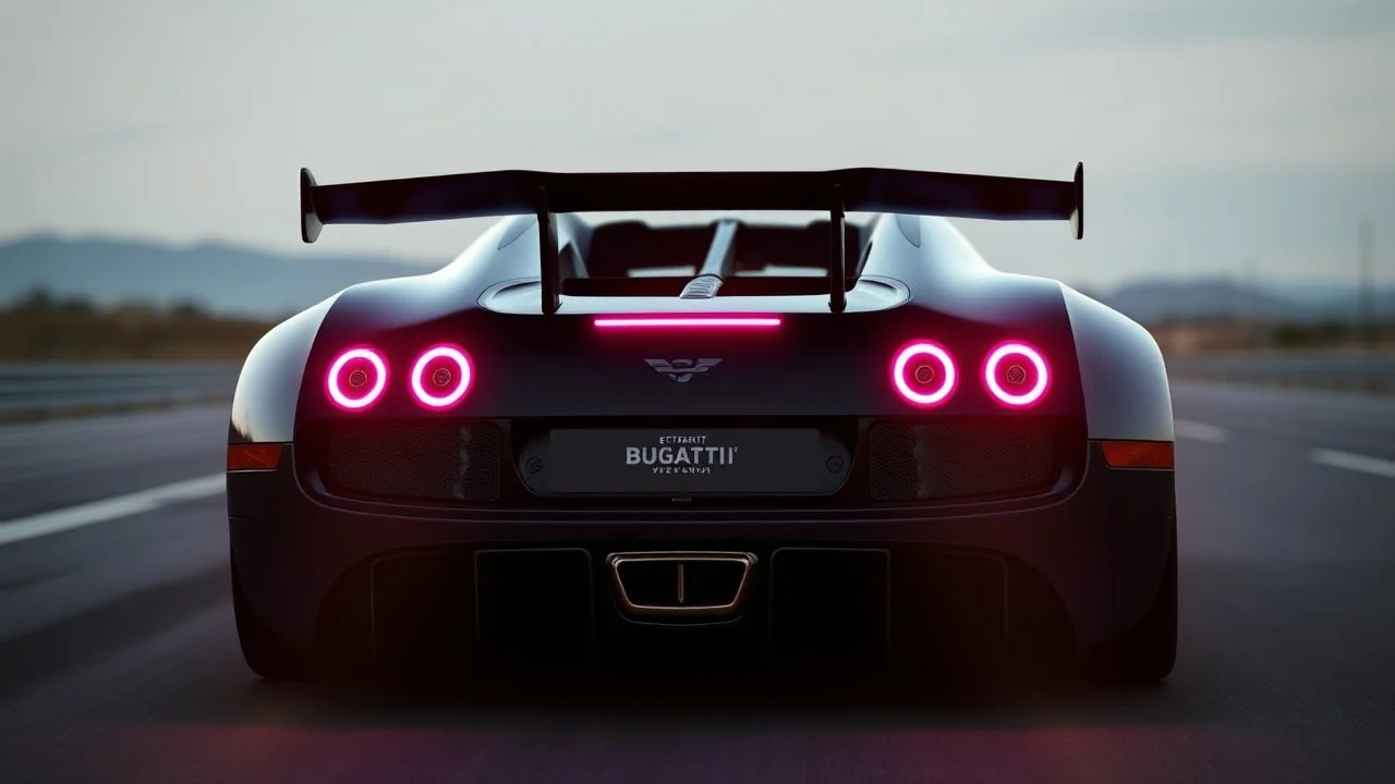 modern bugatti veyron Extreme Veyron 2025 Full Build with Spoiler, purple and white taillights, final boss in racing game, Futuristic taillights installed, rear view