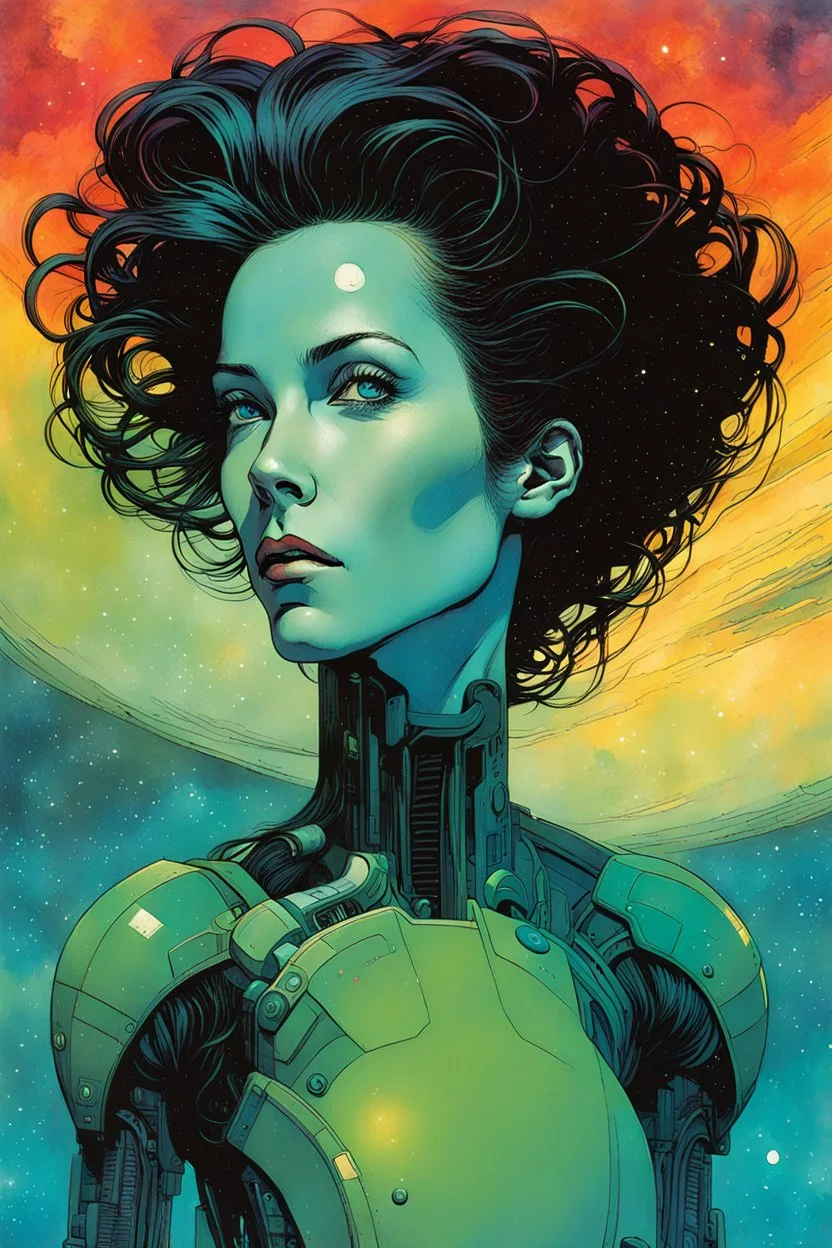 create an imaginative amorphous female extraterrestrial cybernetic time traveler with finely detailed facial features, sinuous tentacle hair, at the helm of an interstellar jumpship , in the comic book art style of Bill Sienkiewicz, Mike Mignola, and Jean Giraud Moebius, finely textured, drawn, colored, and inked