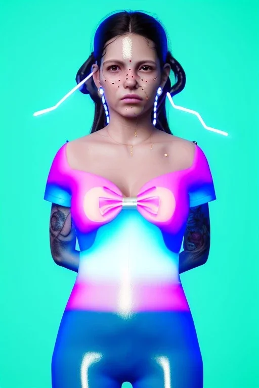 Ultra Realistic image, Rosalía artist, 40 years old, portrait, normal complexion, natural small busty, traditional little tattoo, two bows, little chopsticks hair ,black eye long liner, latex t-shirt, inflatable open coat, gold pink and blue style, spray line glow make up, geometric led jewelry, fog, hot, inflatable style latex coat, vibrant color, highly detailed, art stations, concept art, smooth, unreal engine 5, god rays, ray tracing, RTX, lumen lighting, ultra detail, volumetric lighting.