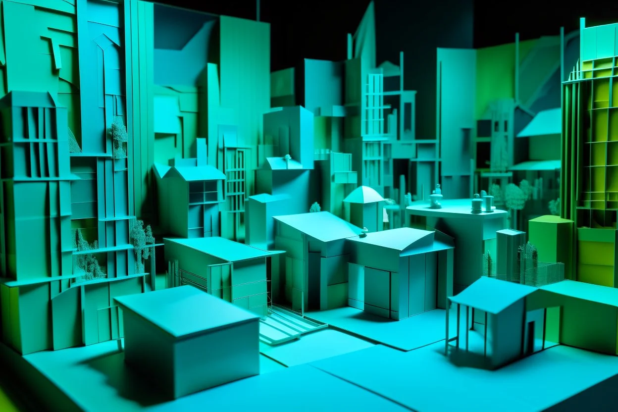 A bluish green facility zone made out of gel designed in Japanese origami painted by Stuart Davis