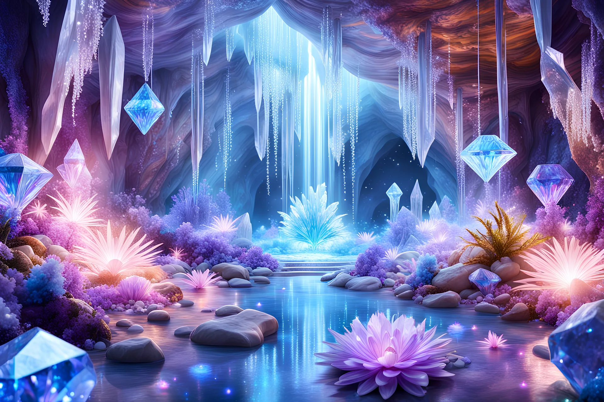 a beautiful photo of a magic futuristic hyper realistic landscape real crystal cavern with planets, ametist,quarz, lights and beautiful blue crystal , diamonds, glitter smalls and littles stars, white and glitter flowers, and stars in the fantasy cosmos,4k, ultra details, real image with intricated details