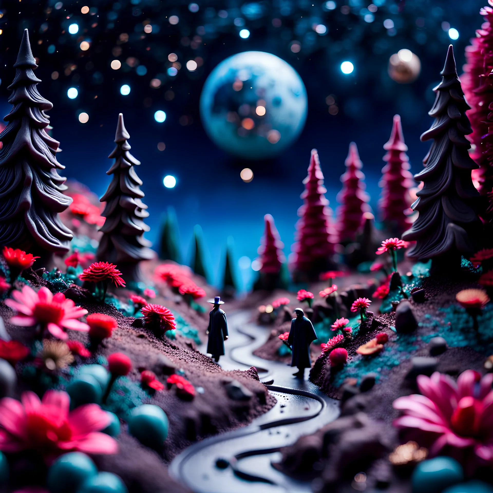 Detailed creepy odd landscape made of modeling clay, naïve, people walking, Tim Burton, flowers, stars and planets, Harry Potter, strong texture, extreme detail, decal, rich moody colors, sparkles, clean, bokeh, odd