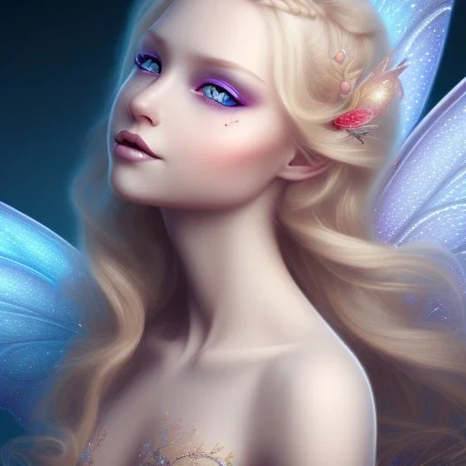 tres belle fairy souriante avec de magnifiques ailes et des cheveux longs blonds,yeux bleus