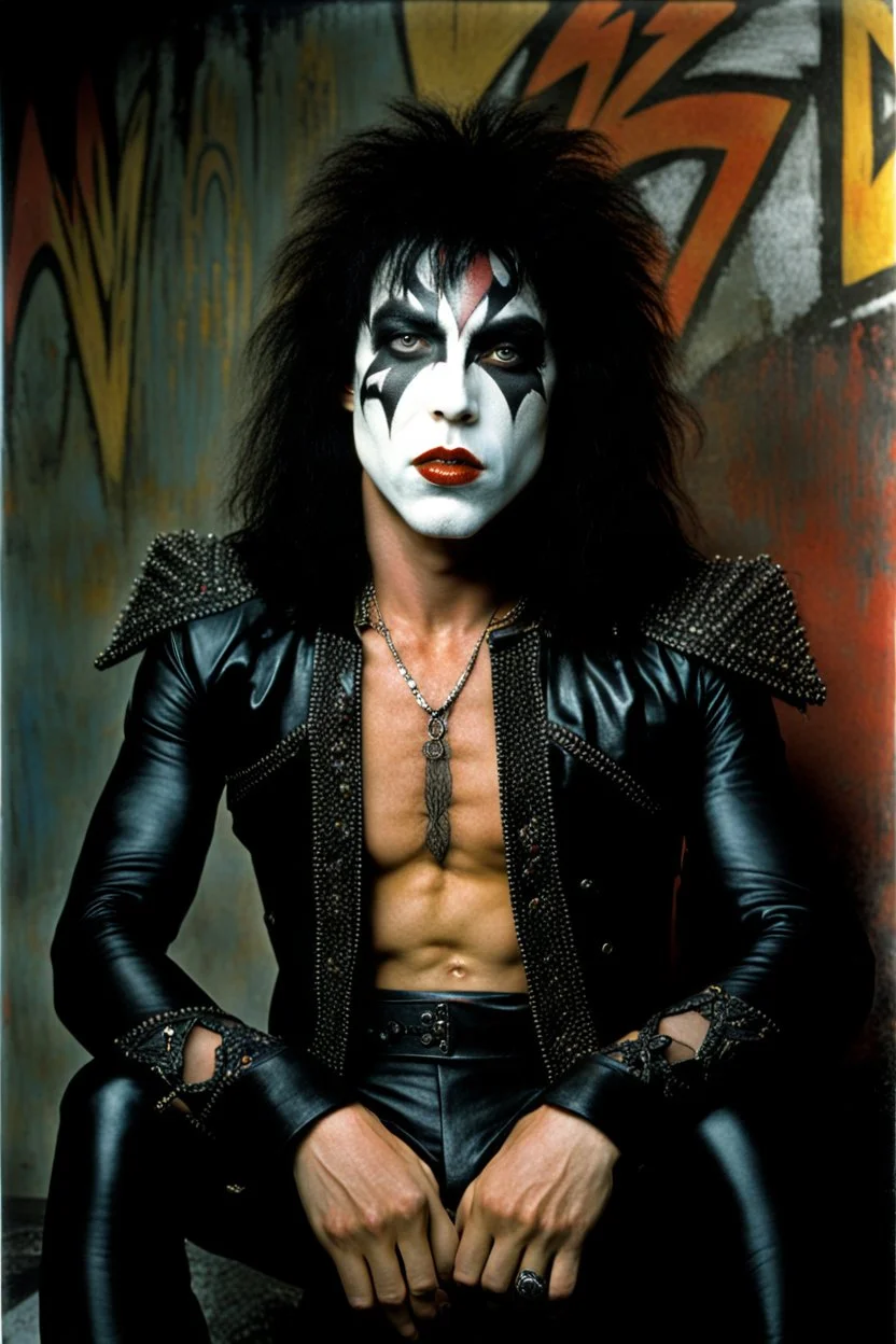 text 'KISS' - head and shoulders portrait, KISS 20-year-old Paul Stanley, Black star on right eye, Chest and stomach hair, black spandex and leather, 8-inch high platform boots, - a multicolored cement wall in the background,