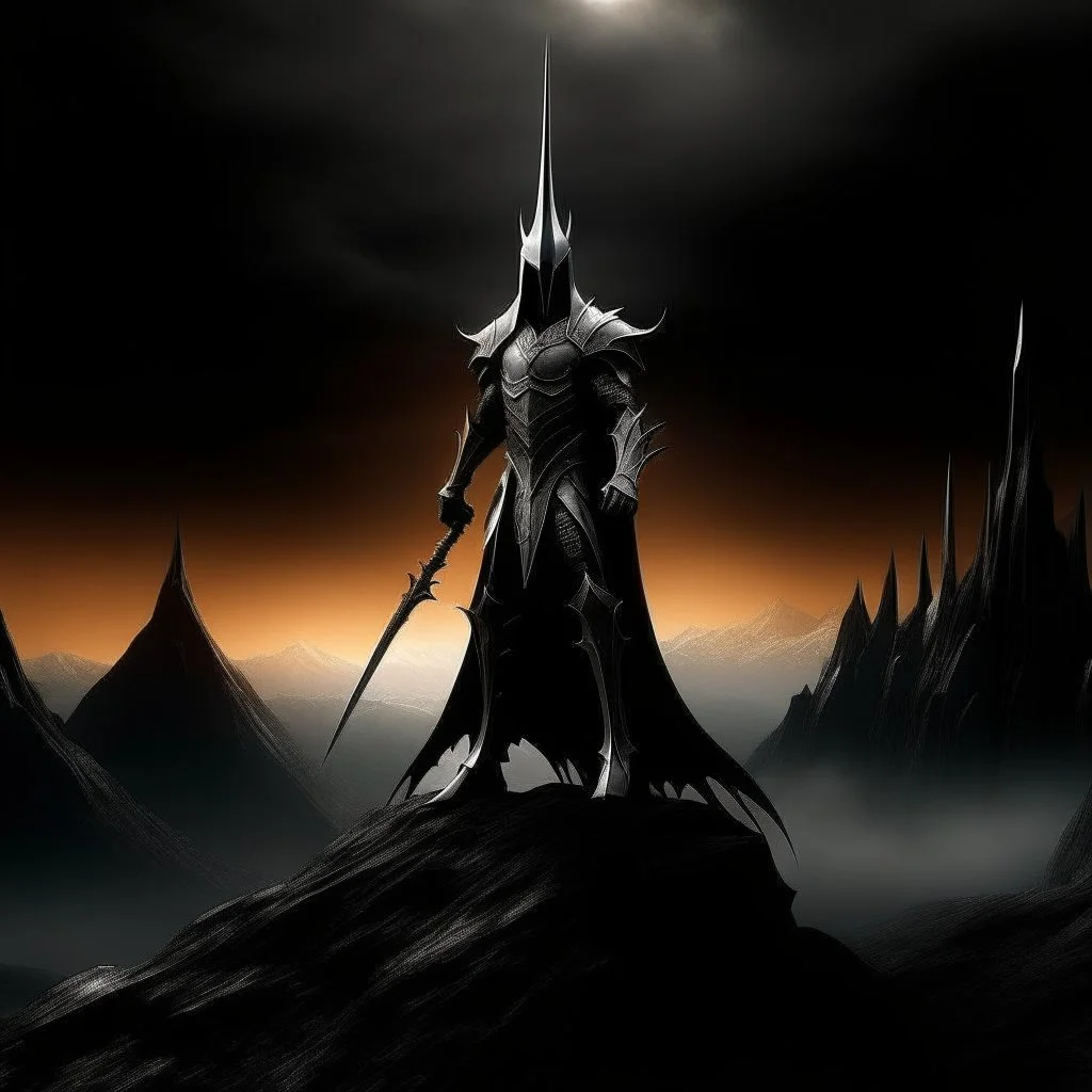 Sauron the mighty lord of darkness standing on a rock in the dark land of Mordor,A superhero MAN with infinite power and technology from the galactic race