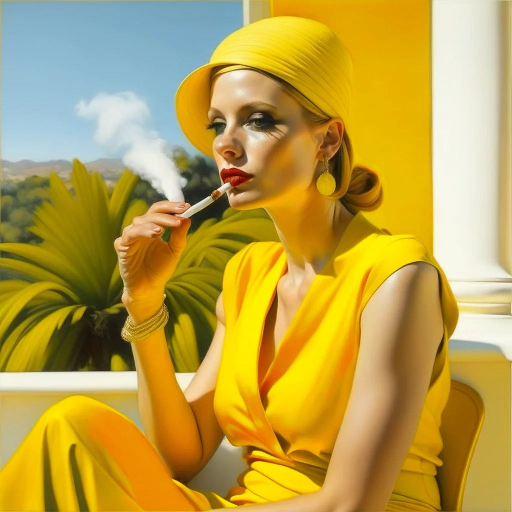 Neoclassicism woman smoking painting yellow realistic cote d'azur