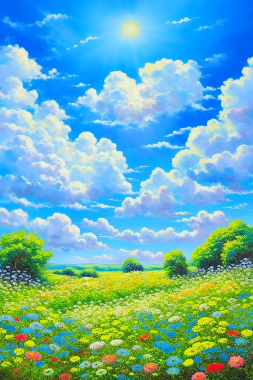 impressionism nature peace communication compassion tranquility blue sky meadow fluffy clouds flowers